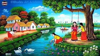 Beautiful Village Landscape Scenery Painting| Indian Village Scenery Painting With EarthWatercolor