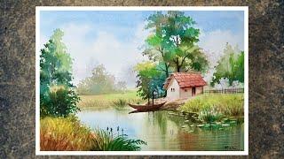 How to paint a simple watercolor landscape step by step | PS Art Gallery