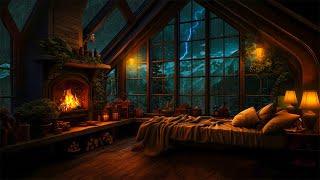 Cozy Ambience | Rainy Day Retreat with Thunderstorm and Fireplace