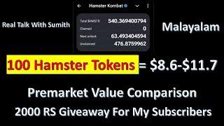 100 Hamster Tokens = $8.6-$11.7! Premarket Value Comparison | 2000 RS Giveaway! Malayalam