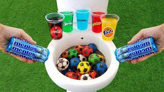 Football VS Mentos and Popular Sodas !! Fanta, Coca Cola, PowerAde, Sprite and Mentos in the toilet