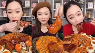 Spicy noodles with boild eggs | Fried chicken | Sushi | pork belly || Asmr Mukbangs