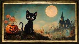 BIG MOON cat Halloween screensaver, vintage gold frame TV art