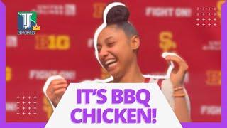 JuJu Watkins' "BBQ chicken" comment makes the room ERUPT in laughter | USC beats Michigan