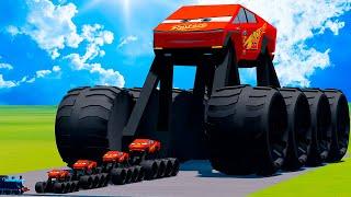 Big & Small Cybertruck Monster Truck Lightning McQueen VS Thomas the Tank Engine Train BeamNG.drive