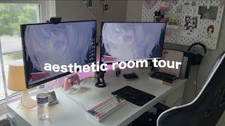 room tour | pink gaming set up, cute vanity desk, minimalist + cozy