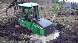 John Deere 1110E stuck deep in mud, saving with homemade forwarder, extra fotage