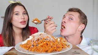 CHEESY spicy fusilli pasta mukbang! + cooking