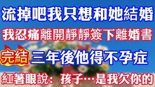 流掉吧我只想和她結婚。我忍痛離開靜靜簽下離婚書，三年後他得不孕症，紅著眼說：孩子……是我欠你的。