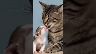 Mother Cat Grooms Her Kitten with Love