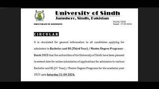 University of Sindh Admission 2025  | Bachelor BS3rd year & Masters Admission date has been extended