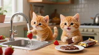 Mama Cat Helps Kittens Make Chocolate Covered Strawberries 