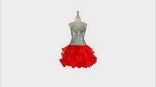 SequinQueen Short Handmade Silver Sequin Dress with Red Organza Ruffles. Item #1001-040