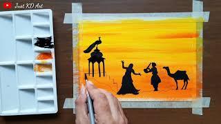 Beautiful Rajasthan Sunset Scenery Painting with watercolor । How to draw sunset scenery