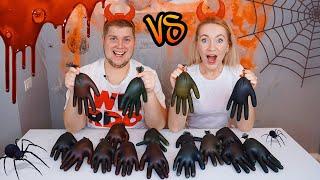 3 ЦВЕТА КЛЕЯ В ЧЕРНЫХ ПЕРЧАТКАХ СЛАЙМ ЧЕЛЛЕНДЖ на ХЭЛЛОУИН 3 COLORS OF GLUE SLIME GLOVES CHALLENGE