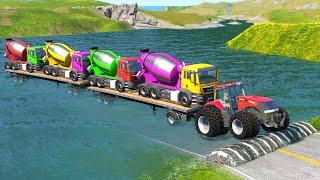 Mixer Truck Speed Bumps Flatbed Trailer Tractor Truck Car Rescue - Cars vs Deep Water - BeamNG.drive