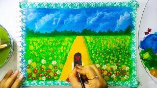 Girl in a beautiful flower farm painting || Landscape Painting ||Acrylic Painting || Eshas Arts