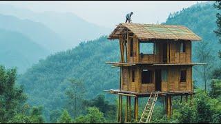 A genius man builds a house in the mountains using bamboo