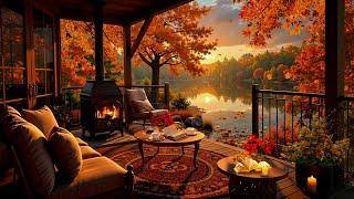 Cozy Autumn Porch with Soft Jazz and Crackling Fireplace  Relaxing Jazz Music for Work and Study