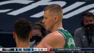 Kristaps Porzingis back on floor in green with steal lead to slam & rejectionPelicans vs Mavericks.