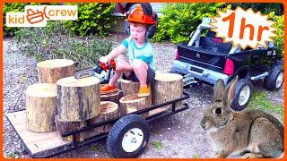 Farm work compilation with kids toy truck, tractor, chainsaw, ATV, ride on, tools | Educational