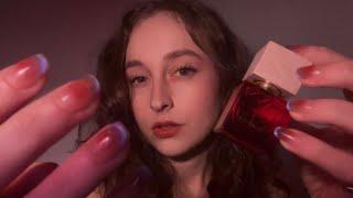 ASMR tingly whispers, personal attention, tapping, scratching, lid sounds, mouth sounds, visuals