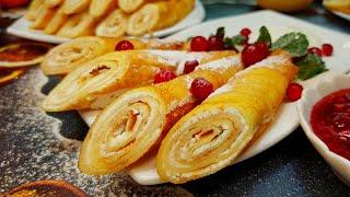 Delicate thin pancakes in milk with delicious curd filling for Maslenitsa, simple and very tasty