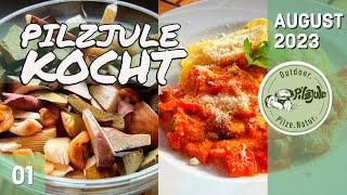 Pilzpfanne aus gesammelten Pilzen, gegrillter Paprika, Spinat Ricotta Ravioli | Pilzjule kocht 2023