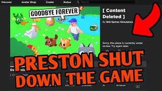 Preston SHUTDOWN the GAME LIVE on stream! *CONTENT DELETED* (Pet Simulator X)