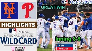 Phillies vs Mets  NL Wild Card Inning 8-9 Game Highlights (10/5/24) | MLB Highlights Oct 5,2024.