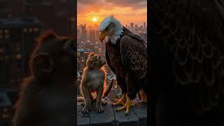 Monkey and Eagle Face Off on a Glowing City Rooftop at Dusk