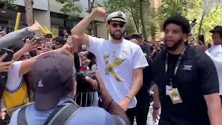 Klay Thompson's day: loses his hat, does the MJ dance, knocks down a fan and almost loses a NBA ring