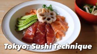 Chirashi Sushi Technique: “Zuke" -Marinated tuna & salmon from Tokyo, Japan. [Dish 7]