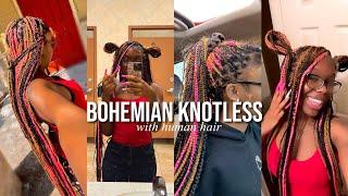 EASY DIY PINK KNEE LENGTH KNOTLESS BOHEMIAN BOX BRAIDS w/ human hair on myself | neoishaneshaley