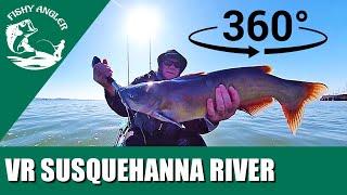 Susquehanna River blue catfish kayak fishing. 360° VR video.