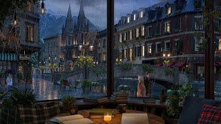 Coffee Shop Ambience European River Town - Rain and Distant Thunder Sounds for Study and Relaxation