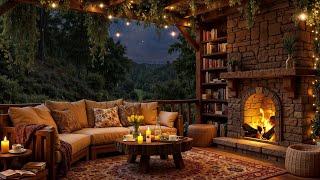 Cozy Porch on a Rainy Night  Soft Jazz, Crackling Fireplace & Rain Sounds for Relaxation