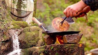 Camping Alone by the River, Swedish Fire, Chicken Burger, Relaxing in an Awning Shelter with My Dog