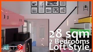 28 sqm Loft Style Small House Design 2 Bedrooms 1 Bath and Balcony full 3d walkthrough w/ floor plan