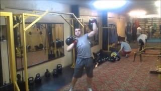 Жим мельницей 40+40кг гирь. Windmill press of 40+40 kg kettlebells.