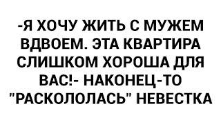 -Я хочу жить с мужем вдвоем. Эта квартира слишком хороша для вас!- наконец-то "раскололась" невестка