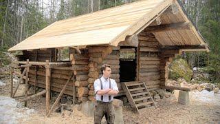 Building Log Cabin Roof Alone in Forest of Sweden