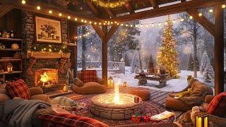 Winter Cozy Cabin in Snowfall Ambience with Crackling Fireplace, Snow Falling and Sweet Christmas