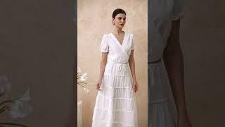 Eyelet Lace Wrap Front Crop Top in White & Relaxed Fit Tie-Waist Tiered Maxi Skirt in White