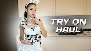 [4K USA]LINGERIE WITH CAT GIRL OUTFIT COSTUME, SHORT SKIRT AND COW COSPLAY! MICRO BIKINI TRY ON HAUL