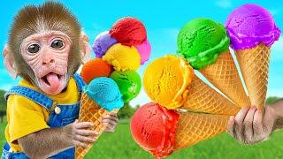 KiKi Monkey make So Yummy Colorful Fruit Ice Cream Recipe in Ice Cream Truck | KUDO ANIMAL KIKI