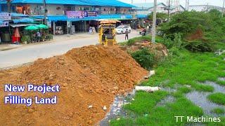 Opening New Project Filling Land Along Road By Technique D31P Dozer Push Soil Into Water &Dump Truck