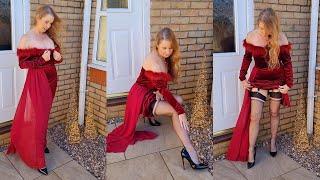 Christmas day dress try on with fully fashioned stockings 