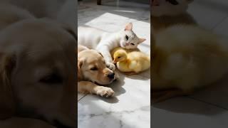 Kitten, Puppy, and Duckling Nap Together Like a Real Family