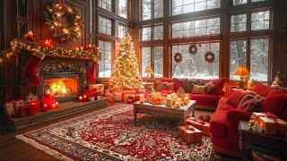 Relaxing Christmas Jazz Music in Warm Christmas Living Room Ambience 2025Snowfall & Cozy Fireplace